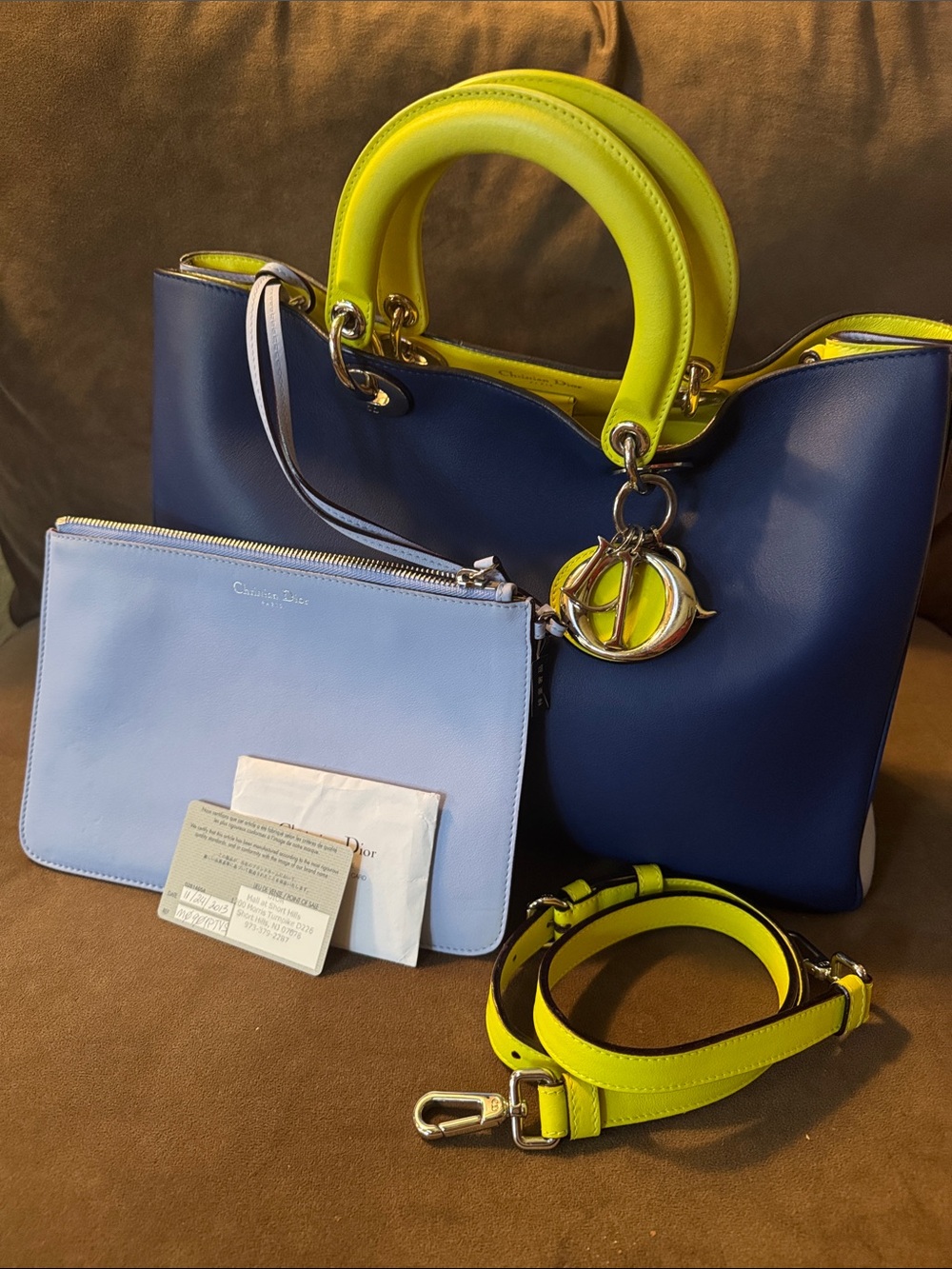 Dior Navy Leather Tote with Neon Yellow Handles and Light Blue Pouch COA